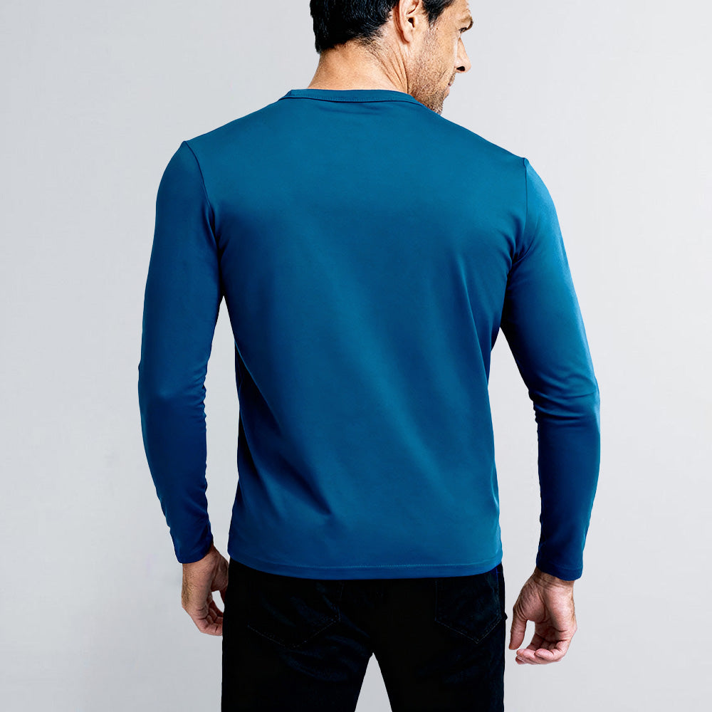 Espalda de polera Henley manga larga azul navy para hombre – H’Alphas